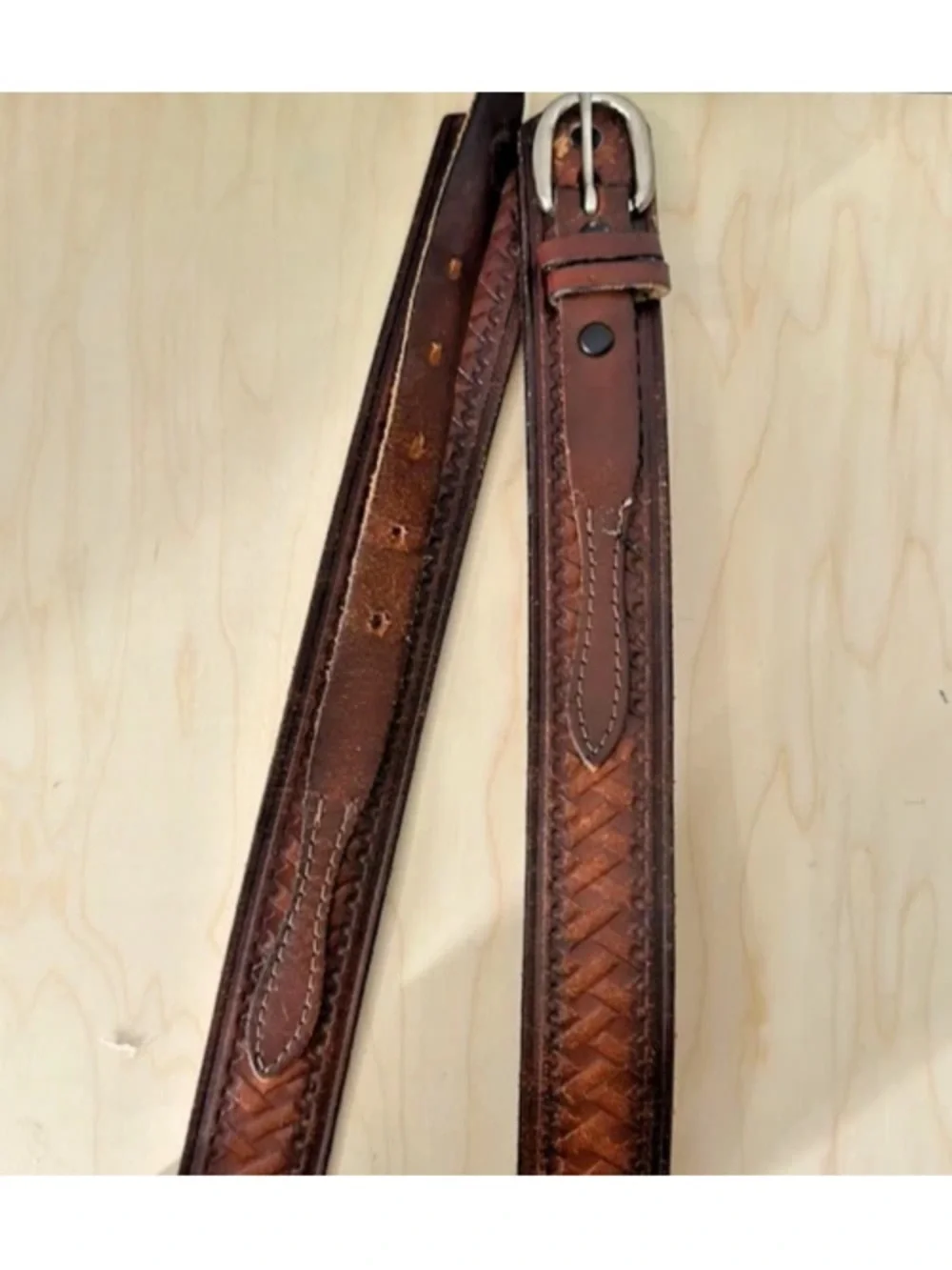 VINTAGE TOOLED EMBOSSED LEATHER BROWN BELT SNAP STRAP LARGE